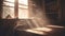 Dusty room with old distressed windows and sun rays. Abandoned grungy interior with lights in the dust. Generated AI.