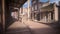 Dusty street in an old wild west town with boardwalk, gunsmith store and bank in late afternoon sunlight. Photo realistic 3D