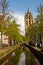 Dutch city of Delft with its canals and Old Church (Oude Kerk)