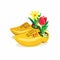 Dutch clogs, traditional wooden shoes from holland with tulip flower decoration Realistic illustration vector