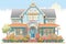 dutch colonial home with colorful flowers against the front gable, magazine style illustration