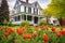 a dutch colonial home beside a tulip field