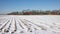 Dutch farmland covered by snow with farmhouse and wind turbine