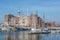 Dutch Harbor of Lelystad with communication Tower and apartment building