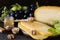 Dutch hard cheese Maasdam or Emmentaler, cheese with holes and white hard goat cheese . Whole cheese, slisec of cheese. cheese wit