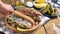 Dutch herring. Toast with Dutch herring, onions, pickles. Traditional rustic appetizer with seafood. Popular food in the