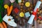 Dutch holiday Sinterklaas background with children shoe, carrots for Santa`s horse, gifts, traditional sweets pepernoten and