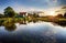 Dutch landscape with windmill at dramatic sunset, Zaandam, Amste