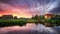 Dutch landscape with windmill at dramatic sunset, Zaandam, Amsterdam, Netherlands