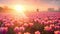 Dutch Spring scene with colourful tulip fields and a windmill at sunset in the North Netherlands. Amazing view of