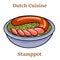 Dutch stamppot of potatoes, cabbage and carrots, with sausages closeup on a plate