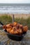 Dutch street seafood, deep fried cod fish fillet with garlic sauce called in Netherlands kibbeling and North sea beach on