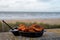 Dutch street seafood, deep fried cod fish fillet with garlic sauce called in Netherlands kibbeling and North sea beach on