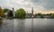 Dutch town Ouderkerk aan de Amstel, view of the church on the bank of river Amstel