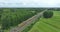 Dutch train passing commuting traveling in forrest grassland nature landscape. Sustainable travel technology by rail