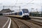 A Dutch train prepares to leave the Hook of Holland Station