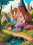 dutch village getaway colorful landscape, drawing coloring book, AI Generative