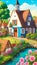 dutch village getaway colorful landscape, drawing coloring book, AI Generative