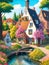 dutch village getaway colorful landscape, drawing coloring book, AI Generative