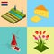 Dutch windmill and colorful tulips flowers, Netherlands. Symbols Holland cheese, windmill, tulips, flag. Flat 3d vector