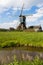 Dutch Windmill with flowering meadow in spring