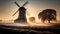 Dutch Windmill In Misty Agriculture Landscape At Sunrise - Generative AI