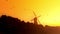 Dutch windmill with pigeons flying against yellow sky at sunset, tilt