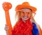 Dutch young woman in orange outfit is ready for the soccer game