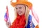 Dutch young woman in orange outfit is ready for the soccer game