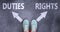 Duties and rights as different choices in life - pictured as words Duties, rights on a road to symbolize making decision and