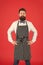 On duty in kitchen. Hipster cafe concept. Man with beard cook hipster apron. Hipster chef cook red background. Bearded