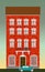 Dwelling house. Classical town architecture. Vector historical building. City infrastructure. Cityscape old red brick house. Real