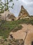 Dwellings in the rocks of volcanic tuff in Turkish Cappadocia. Guard dog in the foreground