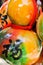 Dyed and painted gourd crafts with a handwritten Chinese character meaning `good fortune`