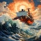 dynamic 2D isometric depiction of cargo ship in midst of stormy sea, towering waves crashing against hull and containers swaying