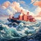 dynamic 2D isometric depiction of cargo ship in midst of stormy sea, towering waves crashing against hull and containers swaying