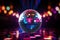 Dynamic 3D rendered disco ball glistens against neon light background