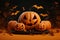 Dynamic 3D rendered jack o lantern pumpkins, bats, and an orange Happy Halloween backdrop