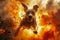 Dynamic Action Packed Image of a Brave Dog Amidst Intense Fiery Explosions Backdrop, Heroic Canine Concept