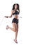 Dynamic action photo of active fitness beautiful woman jumping rope workout.