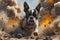 Dynamic Action Portrait of French Bulldog Leaping with Explosive Background, Vivid Pet Energy Concept