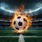 Dynamic action shot of a soccer ball ablaze in the stadium