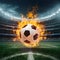 Dynamic action shot of a soccer ball ablaze in the stadium