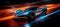 Dynamic automotive scene bokeh with colorful car lights, speedometer graphics, and racing visuals.