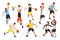 Dynamic basketball players in action. Athletes characters shooting, dribbling and passing the ball vector illustration