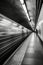 Dynamic black and white capture of a subway train in motion, blurring past the station platform.