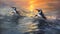 Dynamic Brushwork: Realistic Portrayal Of Penguins Swimming At Sunset