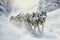 A dynamic and captivating painting showing a group of husky dogs working together to pull a sled through a snowy landscape, An ice