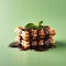 Dynamic Chocolate Waffles With Mint Leaves On Green Background