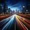 Dynamic city highway Overpass motion blur merges with urban backdrop, portraying velocity